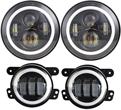 Dot Approved 7inch Jeep LED Headlights with White DRL/Amber Turn Signal   4 inch LED Fog Lights with White DRL Halo Ring for Jeep Wrangler 97-2017 JK LJ Tj