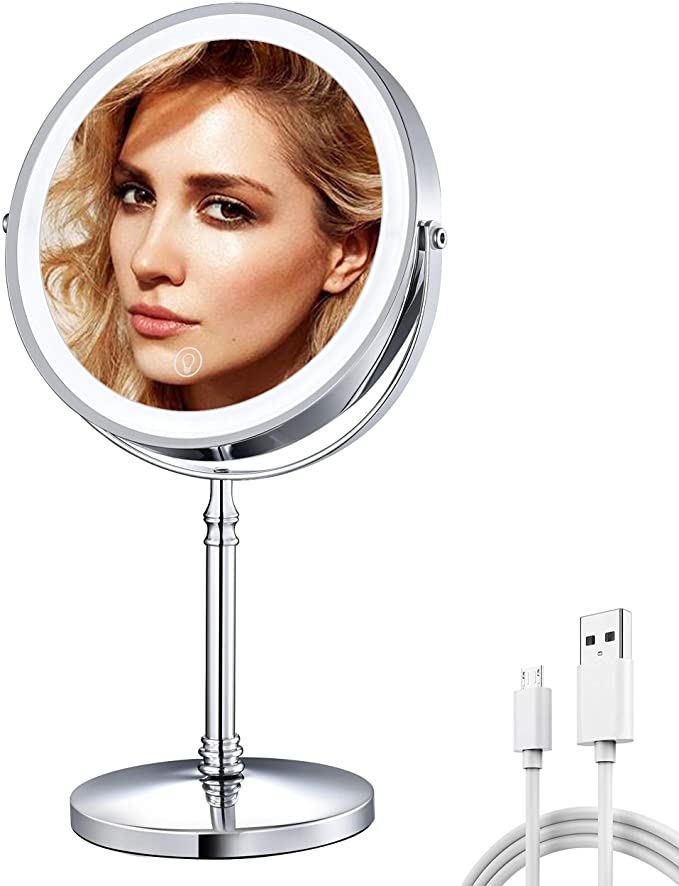 BRIGHTINWD 8" Rechargeable Lighted Makeup Mirror with Dimmable Lights, 10X Magnifying LED Makeup Mirror, Double Sided Vanity Mirror with Lights, Brightness Adjustable Magnifying Mirror with Light