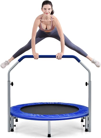 COSTWAY 40" Mini Trampoline, Foldable Fitness Bouncer with 4-Level Adjustable Foam Handle and Safety Padded Cover, Indoor Outdoor Exercise Rebounder Workout for Kids & Adults