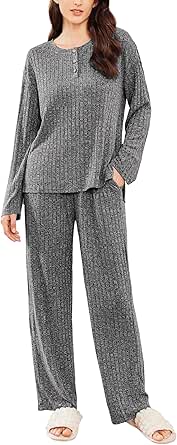 Ekouaer Womens Ribbed Knit Lounge Set Long Sleeve Henry-Neck Top and Long Pants Two Piece Soft Sleepwear Matching Outfits