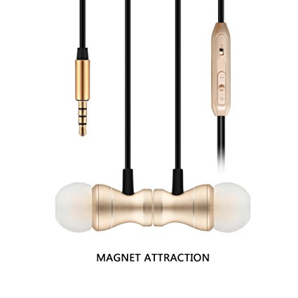 Earbuds Earphones Headphones, Bambud In-Ear Headphones Magnetic Wired Earphones Stereo Noise Cancelling Earbuds Sports Headset with Mic (Gold)