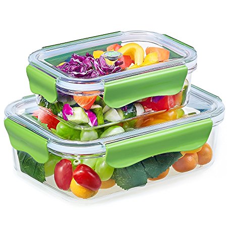 Food Containers, Lunch Containers Set 100% BPA Free, Stackable, Airtight, Leak Proof Storage Container with lid, Microwave, Freezer, Dishwasher Safe, Tritan (2 Piece, 450ML & 1200ML, Rectangle, Green)