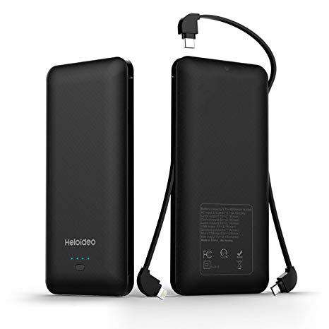 Heloideo 10000mAh Portable Charger Power Bank External Battery Pack with Micro Type-c Cables for Cellphone（Black）