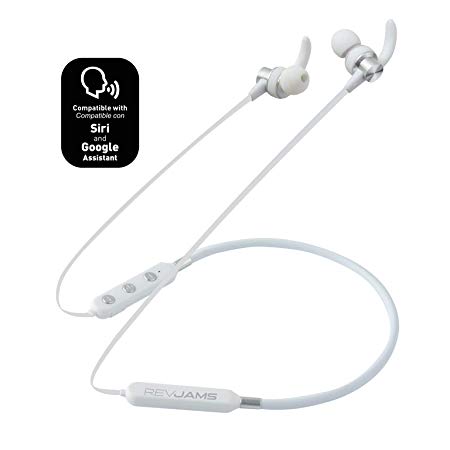 RevJams Studio Vue Wireless Sports Running Bluetooth Sweatproof Earbud Neckband Headphones for Apple/Android Devices w/ 7 Hour Battery, Mic and Magnetic Earphones - White