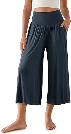 ODODOS Women's Wide Leg Palazzo Lounge Cropped Pants with Pockets Light Weight Comfy Casual Pajama Capri Pants-22 inseam