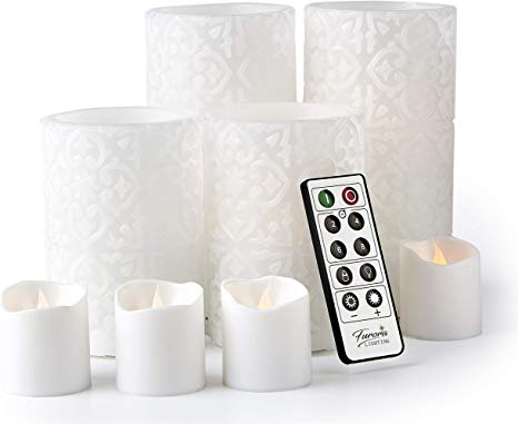Furora LIGHTING LED Flameless Candles with Remote Control, Set of 8, Real Wax Battery Operated Pillars and Votives LED Candles with Flickering Flame and Timer Featured - White Rome Collection
