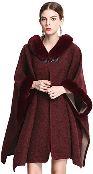 Shineflow Women's Trim Hood Poncho Faux Rabbit Fur Cape Wrap Shawl Woolen Coat