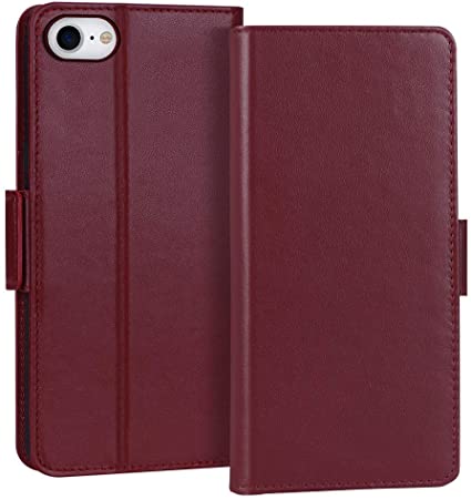 FYY Case for iPhone SE 2020, iPhone 7/8 4.7", Luxury [Cowhide Genuine Leather][RFID Blocking] Wallet Case Cover with [Kickstand Function] and[Card Slots] for iPhone SE 2020, iPhone 7/8 4.7" Wine Red