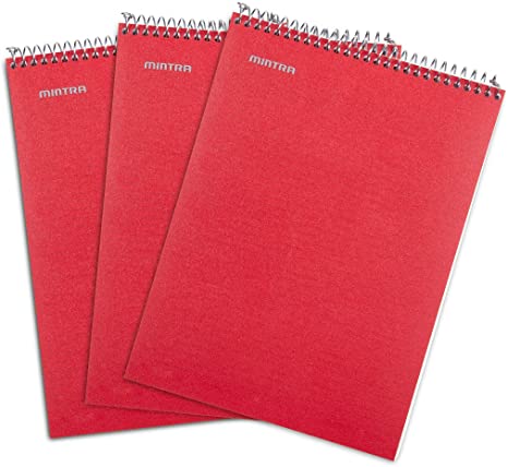 Mintra Office Top Bound Durable Spiral Notebooks - (Red, College Ruled) 3 Pack - Strong Back, Left-Handed, 100 Sheets, Moisture Resistant Cover, School, Office, Business, Professional