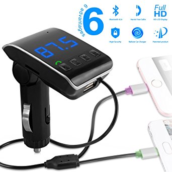 FM Transmitter for Car, Wireless Car Radio Aux Bluetooth Transmitter Adapter Car Charger Kit with TF Card Slot Colorful Lights Charging Cable for iPhone Andriod Smartphones Hands-free Calling Silver