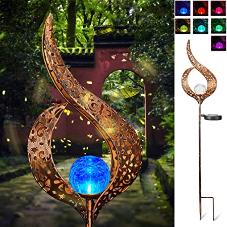 SUNWIND Solar Stake Lights Outdoor Crackle Glass Globe Stake Metal Lights Color Changing for Garden Pathway Outdoor Decoration (Metal)