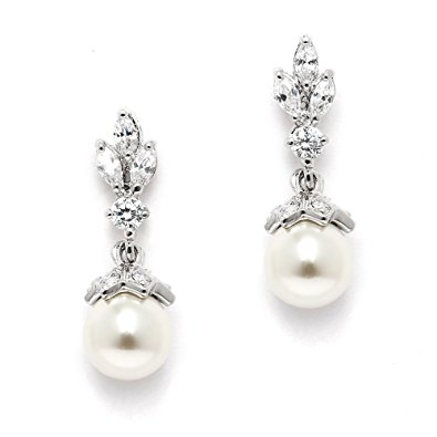 Mariell Light Ivory Pearl Drop Vintage Bridal Earrings with Platinum Plated Cubic Zirconia Marquis