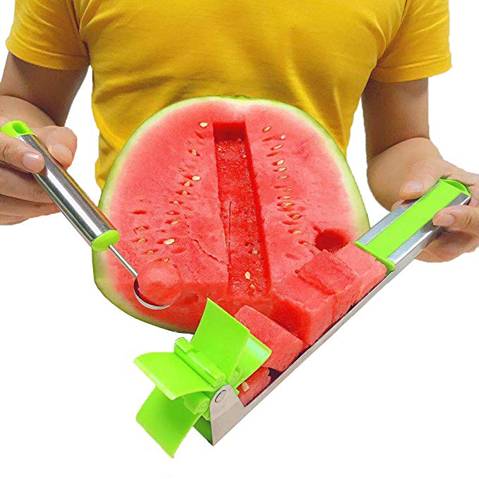 Watermelon Windmill Cutter Slicer, Stainless Steel Watermelon Cubes Cutter with Scoop, Melon Knife Corer Fruit Vegetable Tools New Kitchen Gadgets