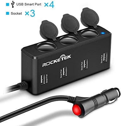 Rocketek 120W 3-Socket Cigarette Lighter Adapter, 12V/24V DC Outlet Splitter with 4 USB Ports Car Charger for Phone,Tablet, Android, Samsung,Galaxy, Note, Huawei,GPS, Dashcam, Radar Detector