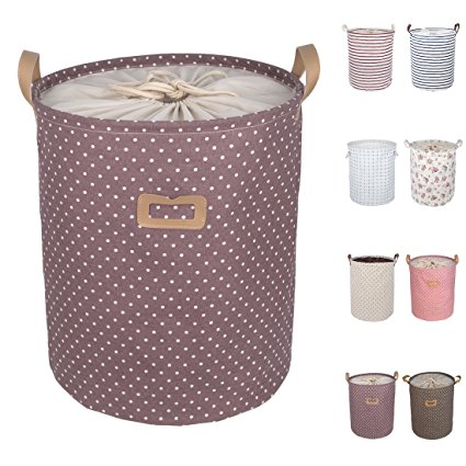 DOKEHOM DKA0811PE 17.7" Large Laundry Basket (Available 17.7" and 19.7"), Drawstring Waterproof Round Cotton Linen Collapsible Storage Basket (Purple Dots, M)
