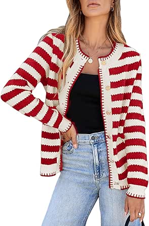 Sidefeel Women's Cardigan Sweaters Striped Open Front Button Down Knitted Coat Cropped Fall Fashion Outwear