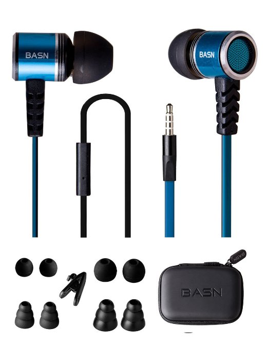BASN Stereo In-ear Earphone with Microphone Flat Cable Tangle Free Bass Noise Isolating Metal Remote Playing Control for Smart Phones (Black-blue)
