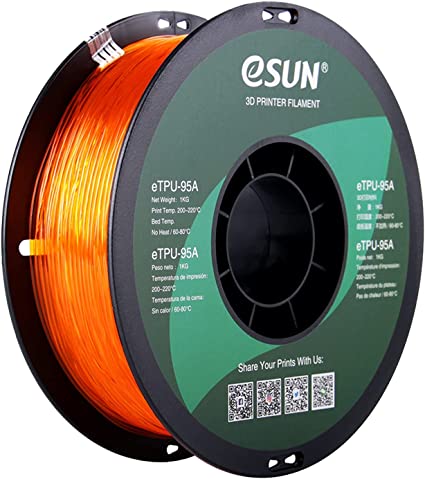 eSUN Flexible TPU Filament 1.75mm, 3D Printer Filament TPU-95A, Dimensional Accuracy  /- 0.05mm, 1KG (2.2 LBS) Spool 3D Printing Filament for 3D Printers, Transparent Orange