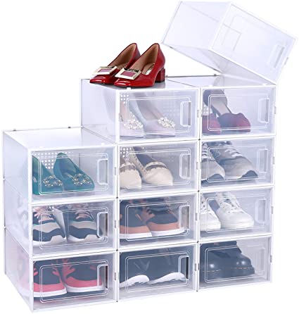 Shoe Organizer, Ohuhu 12 Pack Shoe Box Storage Containers, High Quanlity Stackable Foldable Shoe Rack, Drawer Type Front Opening, Clear Plastic for Closets and Entryway Fit up to US Size 9.5, Father's Day Gifts