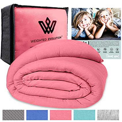 Weighted Evolution Cooling Weighted Blanket  Bonus Organic Bamboo Duvet Cover|PRE-Assembled| Best Blanket for Adults/Kids-Hypoallergenic Warm Cool Calm Cozy Heavy Blanket (Pink, 80"x 87"|25 lbs)