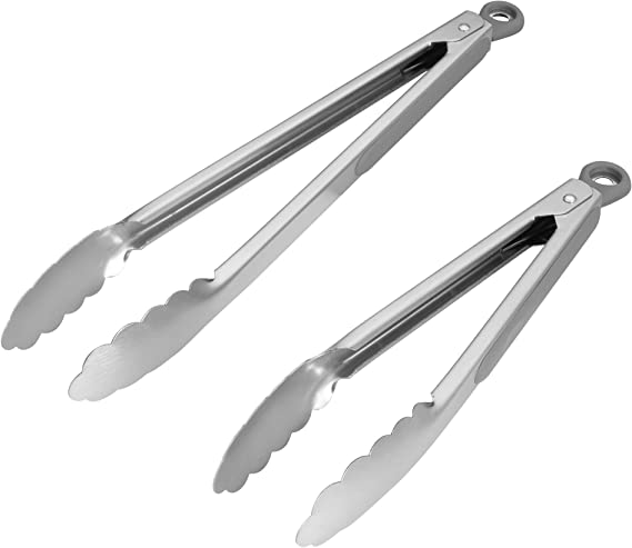 Premium Stainless Steel Kitchen Tongs, 9-Inch & 12-Inch BBQ Grilling Cooking Locking Food Tongs with Ergonomic Handle, Grey