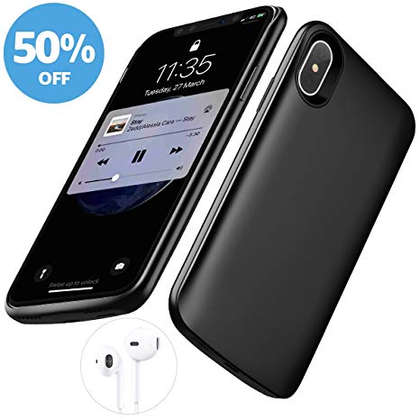 iPhone X Battery Case,[6000mAh] iphonex Portable Charger,Portable Rechargeable Protective Charging Case Slim for Apple iPhone 10,Support Lightning Earphone and Sync-though(Black)