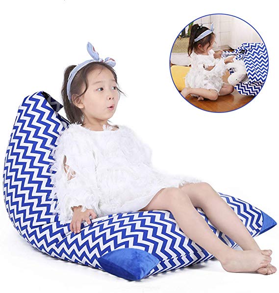 Stuffed Animal Bean Bag Storage for Kids and Adults. Premium Canvas Bean Bag Chair Cover - Cover ONLY (Chevron Print Blue 100L/26 Gal)