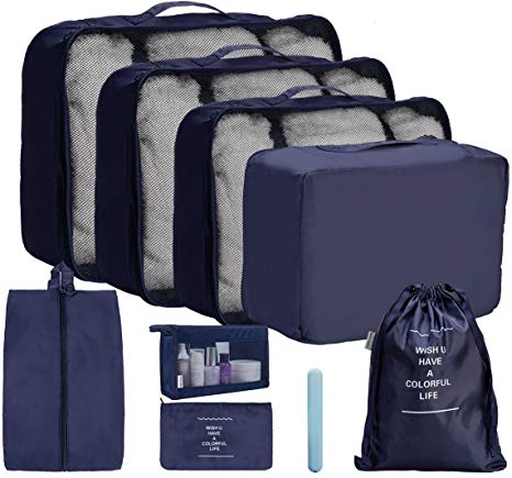 OrgaWise Packing Cubes Travel Storage Bags 9 Pcs Packing Organizer Set, Multi-Functional Clothing Sorting Packages,Travel Packing Pouches with Shoe Bag & Cosmetic Bag (9pcs Navy Blue)