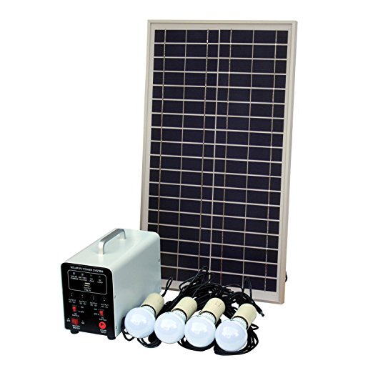 25W Off-Grid Solar Lighting System with 4 x 5W LED Lights, Solar Panel, Battery and Cables - Complete Solar Lighting Kit for a Shed, Garage, Outhouse, Stables, Barn, Vehicle or Boat