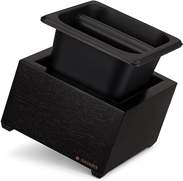 Navaris Coffee Knock Box - Stainless Steel and Wood Bin for Espresso Machine Grounds - With Silicone Bar for Knocking Portafilter Filter Grinds - Black/Black