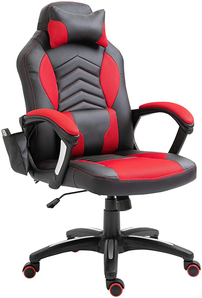 HOMCOM Gaming Silla de Oficina y Giratoria con 6 Puntos de Masaje y Calefacción Tipo Sillón de Escritorio Silla Gamer para PC 68x69x108-117cm (Negro y Rojo)