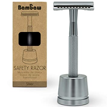 Metal Safety Razor with Razor Stand | Silver Razor | Waste Free | Eco Friendly and Reusable Razor | Shaving Razor | Fits All Double Edged Razor Blades | Metal Razor Safety | Zero Waste Razor | Bambaw