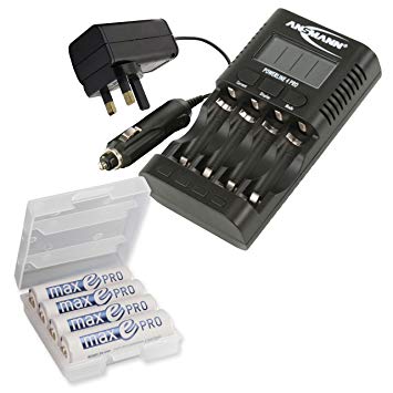 ANSMANN Powerline 4 Pro battery charger with UK, EU, US & AUS Plugs | 4 way fast charger to charge and discharge NiMH batteries | Pro USB port for camera, phone and tablet | w/ 4x AA 1900mAh MaxE Pro batteries & Battery Box for 4 AA or AAA batteries
