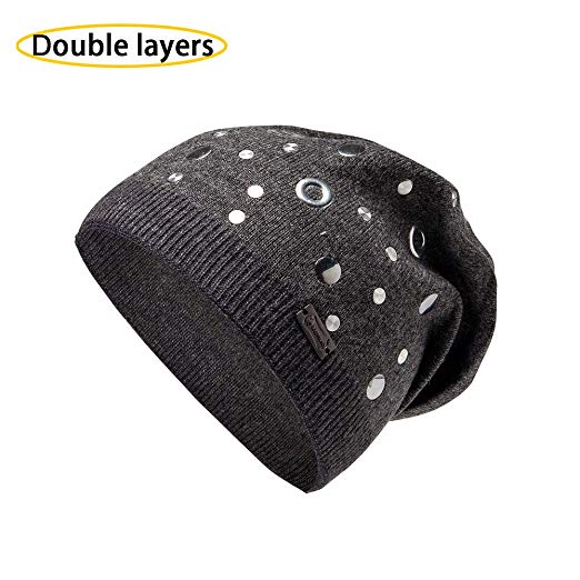 Unique Steampunk Wool Slouchy Beanie Knit Hats for Women Double Layers Winter Skull Caps