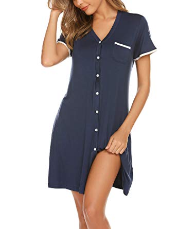 Ekouaer Short Sleeve Nightgowns for Women, Cute Pajama Top Buttom Down Sleep Shirt Dress