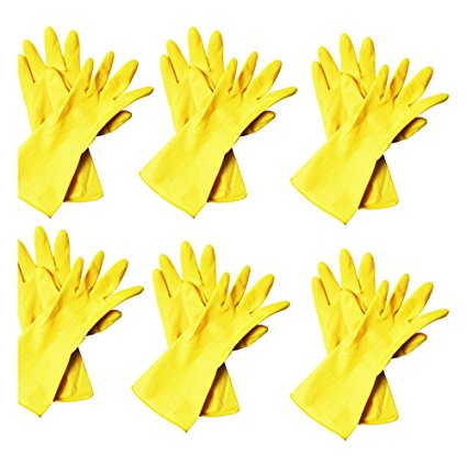 Minel Heavy Duty Disposable Yellow Rubber Latex Kitchen & Household Cleaning Gloves, Powder-Free, 6 Pairs Size Small