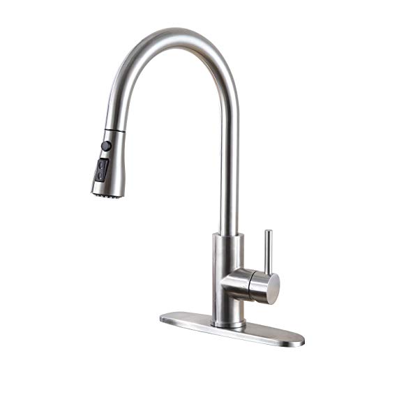 Bulife Kitchen Faucet with Pull-Down Sprayer, Single Handle High Arc Lead Free Stainless Steel, Pull Out Brushed Nickel Spray Head, Modern Kitchen Sink Faucet(With Deck Plate)