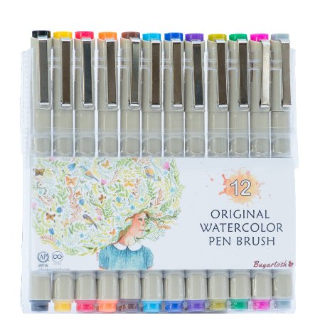 Buyartosh- 12 Colors Brush Pen Set. Soft Flexible Tip, Creates Watercolor Effects for Drawing, Coloring, Manga, Comic etc. Comfort Grip. For Adults and Children. Get our new EBOOK