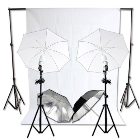 RPGT® Photography Camera Photo Studio 2.8x3M Background Tripod Support Stand Kit with 3x6M White Backdrop 80W White Black Silver Four Umbrella Continuous Lighting