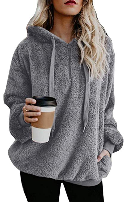 ReachMe Women's Oversized Sherpa Pullover Hoodie with Pockets 1/4 Zip Sweatshirt