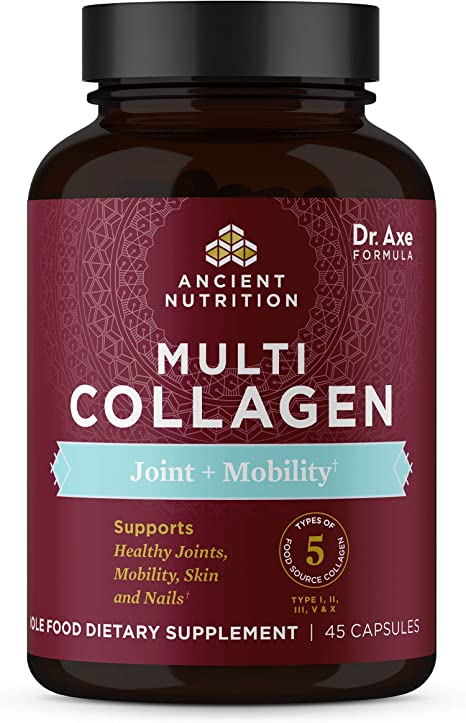 Multi Collagen Capsules, Joint   Mobility, Collagen Pills Formulated by Dr. Josh Axe, 5 Types of Food Sourced Collagen, Supplement Supports Joints, Skin & Nails, 45 Count - 15 Servings