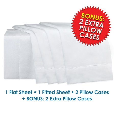 **SIX** Piece Microfiber QUEEN Size Bed Sheet Set Ultra Soft Luxury White 15" Deep Pockets on fitted sheets - includes ***FOUR*** Pillow Cases