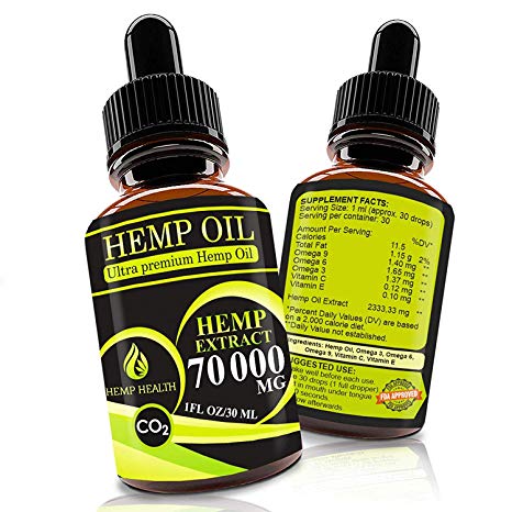 Hemp Oil Drops 70000mg, Co2 Extracted, Help Cope with Stress, Anxiety and Pain, 100% Natural Ingredients, Vegan Friendly, GMO Free, Made in USA