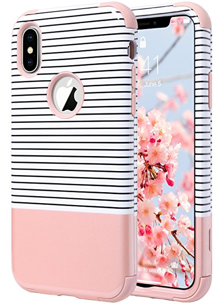 iPhone X Case for Girls, ULAK Hybrid Hard PC & Soft Silicone Heavy Duty Rugged Bumper Shockproof Anti Slip Protective Case for Apple iPhone X 5.8 inch - Minimal Rose Gold Stripes