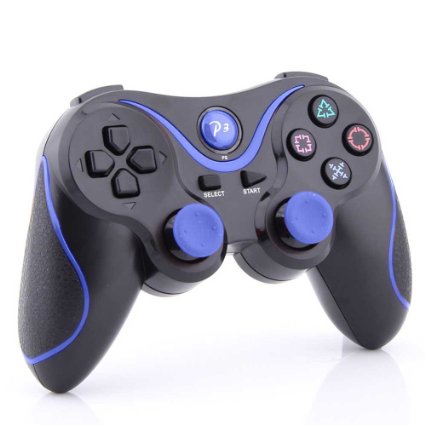 For Sony Playstation III PS3 Wireless Bluetooth Controller for Play Station 3 (1 Pack, Black-Blue)