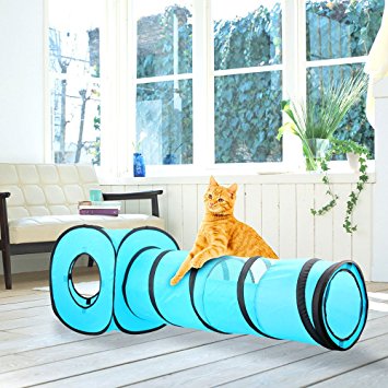 Pawise Cat Tunnel Play Set Pet Toys Pop Collapsible Cubes for Cats Indoor Outdoor Blue with Mouse and Cat Collar