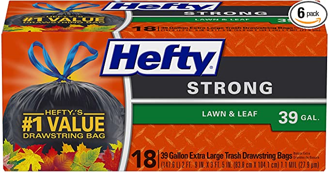 Hefty Strong Lawn and Leaf Large Garbage Bags, 39 Gallon, 6 Packs of 18 Count (108 Total)