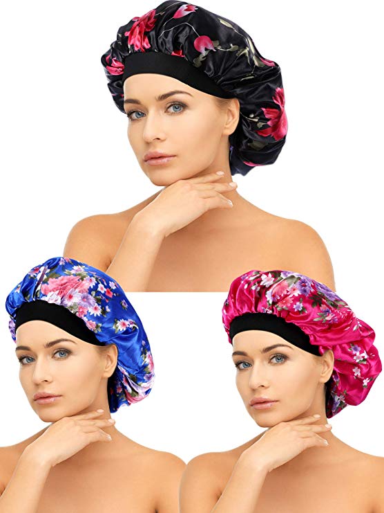 Tatuo 3 Pieces Satin Sleeping Cap Wide Band Caps Salon Bonnet Night Sleep Hat for Women, 3 Styles