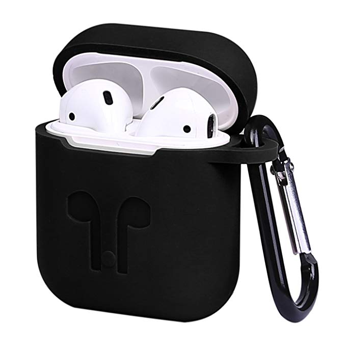 HDE Silicone Case for AirPods Protective Silicone Cover Skin for Apple AirPods Charging Case with Carabiner Keychain Belt Clip (Black)