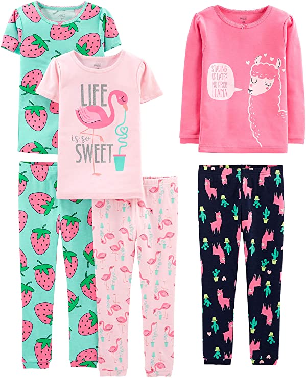 Simple Joys by Carter's Baby, Little Kid, and Toddler Girls' 6-Piece Snug Fit Cotton Pajama Set